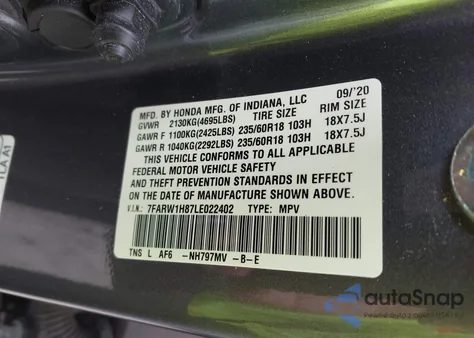 2020 Honda Cr-V 2Wd Ex-L z USA, uszkodzony, nr VIN 7FARW1H87LE022402